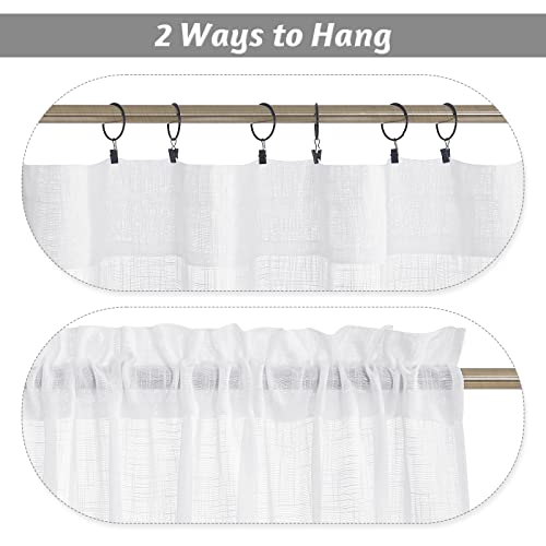 RYB HOME Linen Textured White Curtains Sheer Window Toppers Valances Semi-Sheer Drapes for Kitchen Bedroom Small Window Decor Cafe Curtains, Wide 52 x Long 18 inch per Panel, 1 Pair