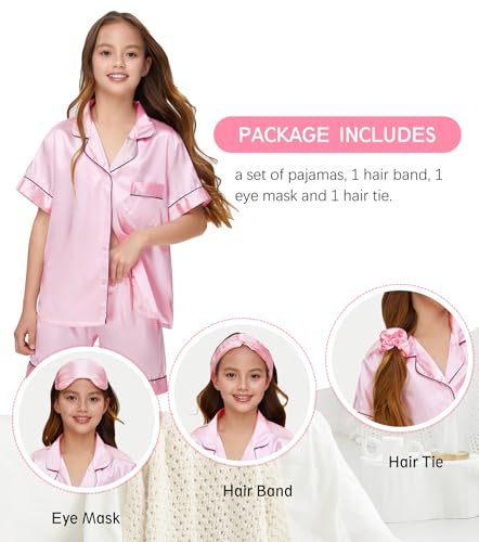 Kids Girl Pajama Set with Headband Blindfold Hair Tie Toddler Boy Girl Satin Silky Button-up Pajama Sleepwear4