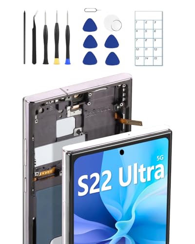 OLED for Samsung Galaxy S22 Ultra 5G Screen Replacement OLED Display Touch Screen Digitizer Assembly Supports Fingerprint with Frame + Tools + Replacement Guide (Silver)