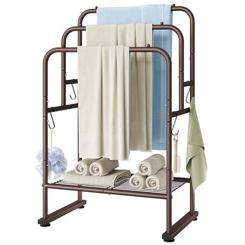 ELYKEN 40" H Freestanding Towel Rack with Shelf, 3 Tier Towel Stand, Bronze