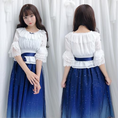 New Years Eve Outfits WomenFairy Dress Casual Girl Princess Sweet Lolita Gradient Starry Sky Deep Blue Star Long Dress3