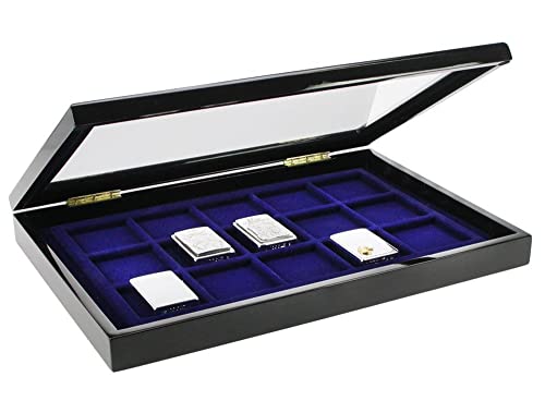 SAFE 5901 Vitrine pour 15 compartiments briquets ZIPPO | surface de laque piano brillante en noir profond | insert en velours bleu | montage mural | Vitrine avec serrure magnétique | Dimensions: 375 x 330 x 26 mm