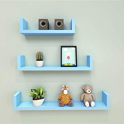Image of DECORVISTA Wooden Handcrafted Wall Shelf Beautiful Floating Wall Racks Shelves Living & Bed Room Decor U Shaped Set of 3 (Multi) (Sky Blue)