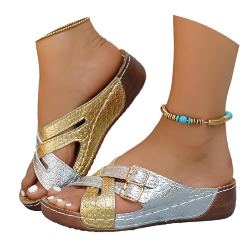 Sandales Romaines à Bride et Boucle, Mules décontractées à Semelles travaillées (Gold, 37)