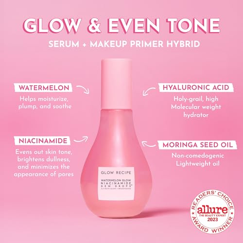 Image of Glow Recipe Watermelon Niacinamide Dew Drops - Brightening, Plumping Hydrating Face Serum, Makeup Primer + Liquid Highlighter with Hyaluronic Acid - Dewy & Glowing Korean Skin Care (80ml)