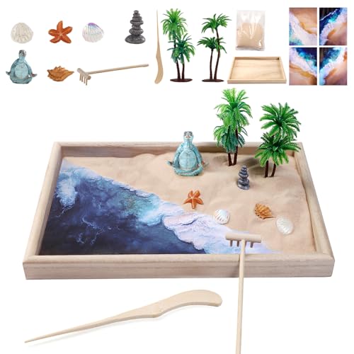 Beach Mini Zen Garden Kit for Desk Decor,Sea Turtle Meditation Yoga Figurines Sand Tray Therapy Office Decor,Coastal Beach Decorations Accessories for Home Room,Mindfulness Gifts for Yoga