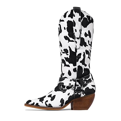 Keleimusi Cowgirl Mid-Calf Boots Cow Print Micro-Suede Almond Toe Stacked Low Heeled Chunky Western Booties cover
