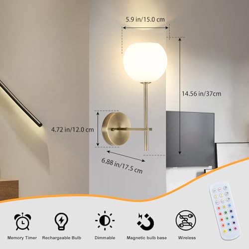 Image of Brass Battery Operated Wall Sconces Set of 2, Rechargeable Wireless Wall Lights with Milky White Frosted Glass, 12 RGB and 3CCT Dimmable, Wall Lamps with Remote for Bedroom Living Room Hallway