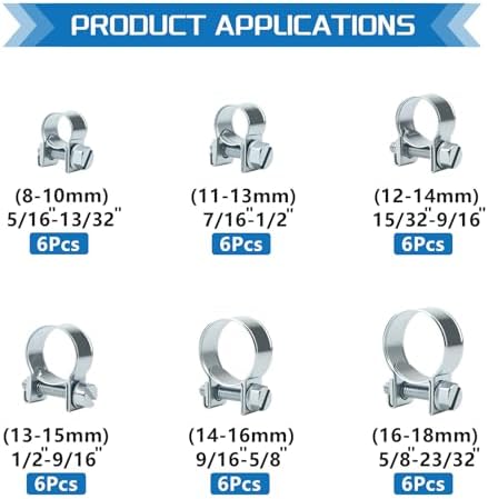 JTAREA 36PCS 8-18MM Fuel Injection Hose Clamps Assortment Kit 6Values 5/16"-23/32" Gas Line Clamps Clip Pipe Clamp for Automotive Diesel Petrol Pipes