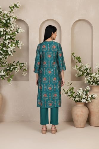 Image of W for Woman Floral Printed Embellished A-Line Art Silk Kurta with Straight Pant Set
