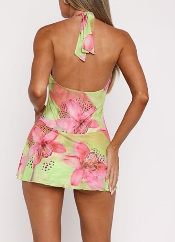 Image of Women Halter Low Neck Mini Dress Sexy Cutout Sleeveless Boho Short Dresses Open Back Night Party Going Out Sundress