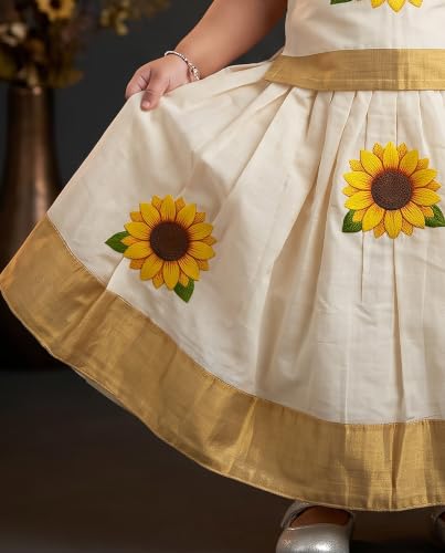Image of Stanwells Kids Baby Girl Dress Cream Gold Pattu Pavadai Cotton Silk Lehenga Choli Kerala Kasavu South Indian Onam Festival Traditional Ethnic Wear