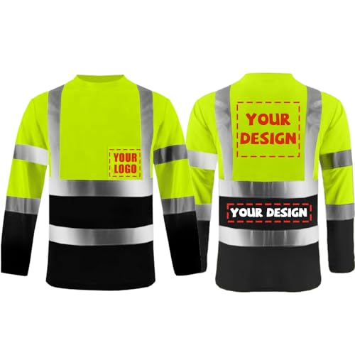High Visibility T Shirts Custom Logo Safety Shirts Class2 Personalized Reflective Apparel with Pocket Construction Workwear (Black-Longsleeve,XX-Large)