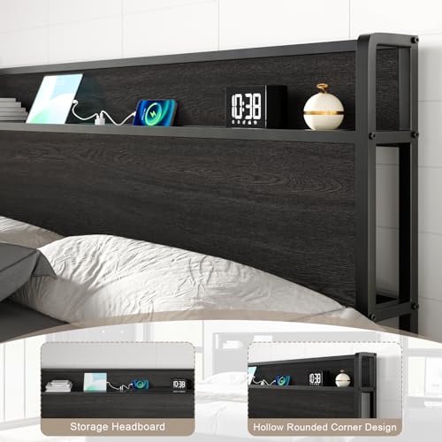 Image of AMERLIFE King Size Lift Up Storage Bed Frame, Wooden Platform Bed Frame with Lifting Storage & Charging Station, No Spring Box Needed /Noise Free, Black