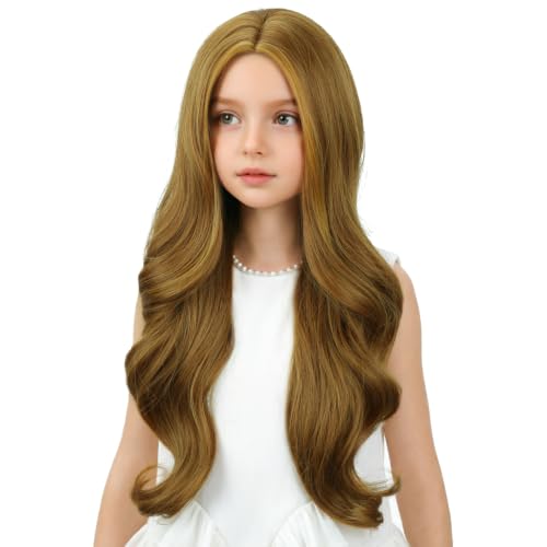 Image of Child Ash Blonde Wig Girls Long Ash Blonde Wavy Curly Wig Long Middle Part Wigs for Kids Heat Resistant Synthetic Wigs with Cap