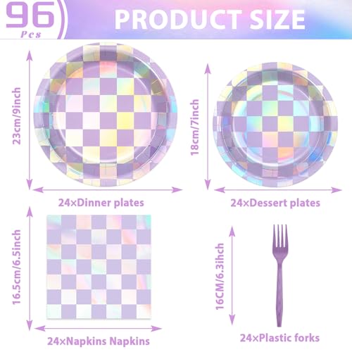 96Pcs Iridescent Birthday Party Supplies Purple Checkered Paper Plates Napkins Holographic Party Tableware Set Sparkle Tableware for Birthday Baby Shower Bachelorette Decoration Serve 24