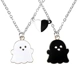 HekouJiub 2 Stück Geister Freundschaftskette Magnetische Halskette mit Geister Anhänger Herz Paar Halskette Freundschaftsketten Anhänger Halsketten für Damen Frauen Halloween Geburtstagsgeschenk