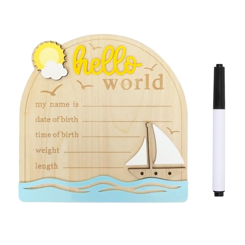 Baby Announcement Sign, 5.9 Inch Wooden Hello World Newborn Signs,