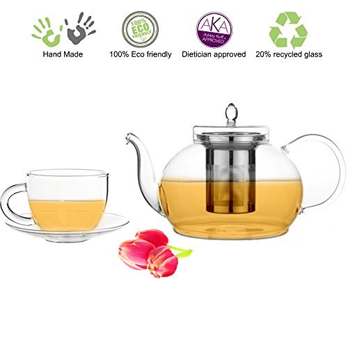 Teapot Set Glass Teapot Polo, 45oz/1330ml with Set of 2 Cups and Saucers, 5oz/150ml