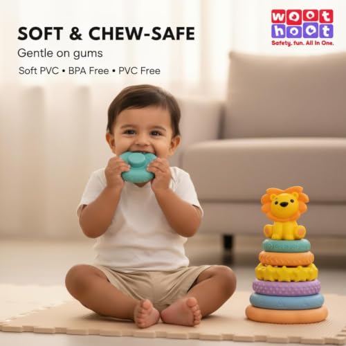 Image of Baby Sensory Toys - Ring Stacker with Animal Topper and 6 Soft Textured Rings for Teething, Stacking & Motor Skill Development, BPA-Free PVC, Multi-Colour, Gift for Babies 3-18 Months