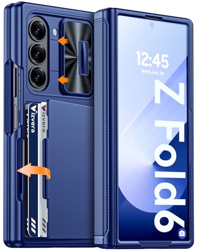 Vizvera for Samsung Galaxy Z Fold 6 Case RFID Wallet with Cards Holder [Hinge Cover] [Camera Cover] Shockproof Silicone Protective Phone Case for Z Fold 6 2024-Blue