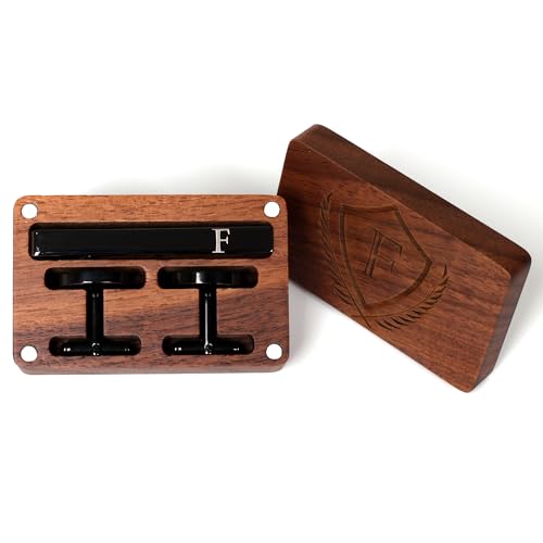 Image of Mens Initial Cufflinks and Tie Clip A-Z Alphabet Letter Black Stainless Cuff Links Tie Bar with Engraved Walnut Wood Box Groom Groomsman Wedding Set