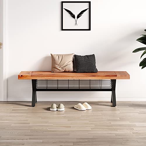 Stmhom Outdoor Bench With Storage Basket, Outdoor Acacia Wood And Rustic Metal Bench, Teak Finish/Rustic Metal, Backless Wooden Garden Park Bench, Modern Slim Outdoor Dining Furniture,Teak Color #TOP7