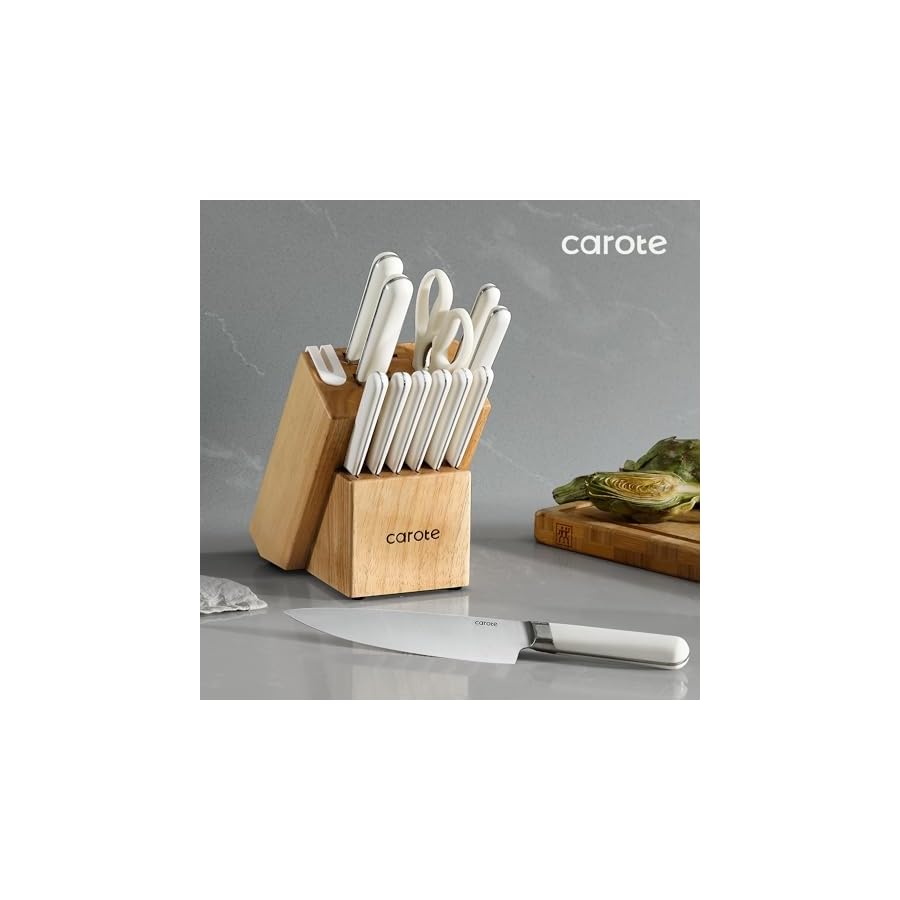 CAROTE 14PCS Kitchen Knife Set with Block, Stainless Steel Blade Knife Block Set, Knife Set with Built-in Sharpener, Razor-Sharp,White