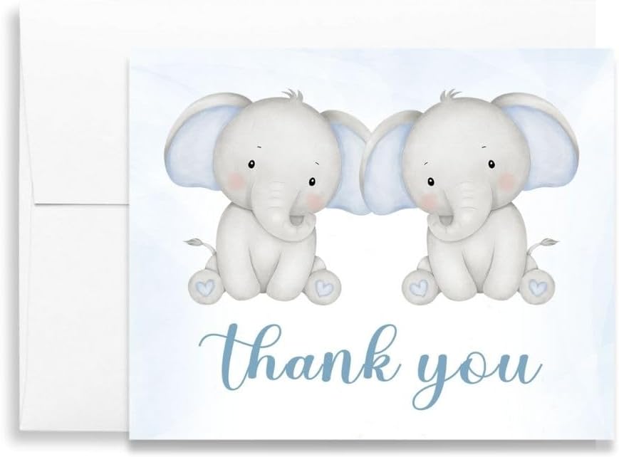 The Invite Lady Elephant Baby Shower Thank You Cards Watercolor Twins Unisex Gender Neutral Girl Boy Blue Pink Little Peanut Sprinkle Printed Folding Notes (24 Count)