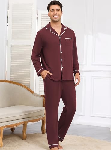 Image of Veseacky Mens 100% Cotton Pajamas Set Long Sleeve Button Down Sleepwear Soft Loungewear Pjs with Pockets
