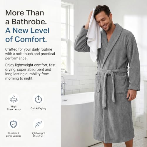 Image of PJGGZ Men's Shawl Collar Bathrobe, Soft Long Towel Robe for Men - Super Absorbent Quick Dry yet Warm