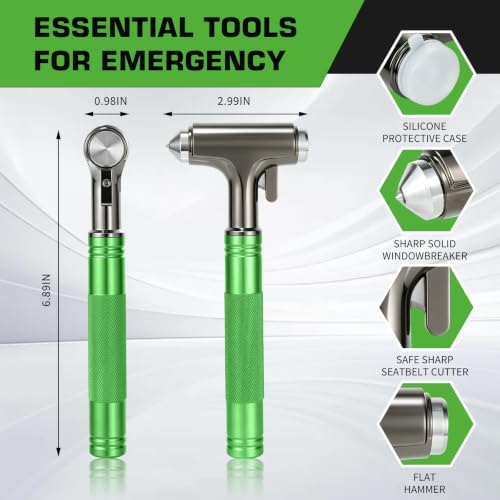 Image of Car Safety Hammer, Metal Window Breaker with Seat Belt Cutter, Emergecy Safety Hammer for Auto Accidents (Green)