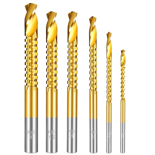 6 Pack Titanium Coated HSS Twist Drill Bits, 3-8mm Hex Shank Serrated Cutting Drill Bit Serrated Grooving Cuttings Carpenter Side Cutting Tap for Metal Wood Plastic Drilling and Cuttings