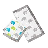 Bacati Elephants Muslin 2 Piece Security Blankets, Aqua/Lime/Grey
