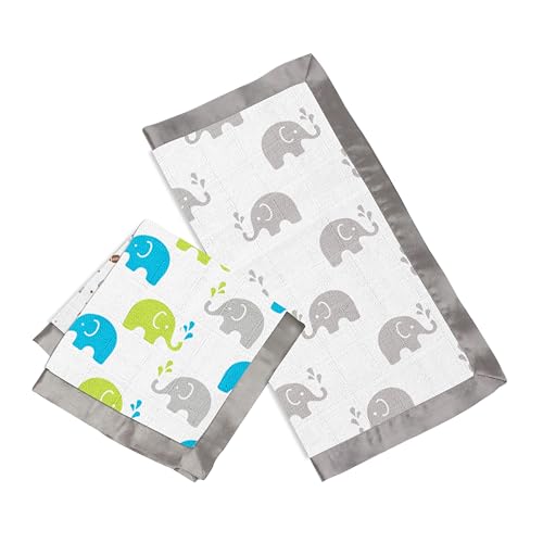 Bacati Elephants Muslin 2 Piece Security Blankets, Aqua/Lime/Grey