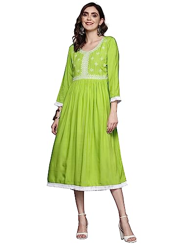 Image of INDO ERA Women's Midi A-Line Striped Viscose Rayon Ethnic Dress for Women