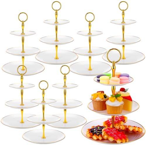 8 Pack 3 Tier Cupcake Stand Bulk Tiered Dessert Stand Thick Plastic Serving Tray with Gold Edges Dessert Table Display Set Tea Cake Holder for Wedding Birthday Party(White)