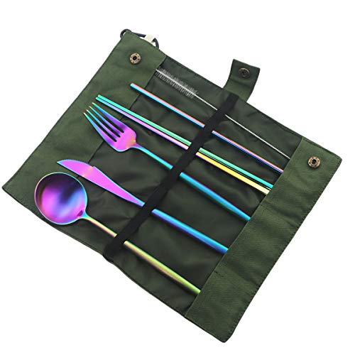Gugrida Luxury Rainbow Matte Portable Utensils Set, Travel Silverware Set with Case and Straight Straw, Knife, Fork, Spoon, Chopsticks, Cleaning Brush, 7 Piece 18/10 Stainless Steel Flatware set