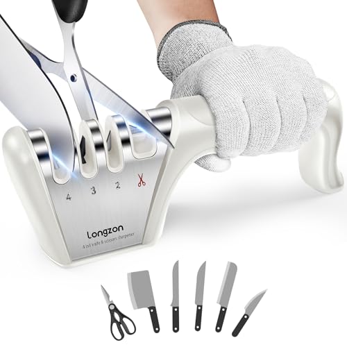 longzon 4 en 1 Afilador de Cuchillos Profesional Premium Original Ayuda a Reparar, Restaurar y Pulir los Cuchillos y con los Guantes Antideslizantes, para Cuchillos y Tijeras, Blanquecino