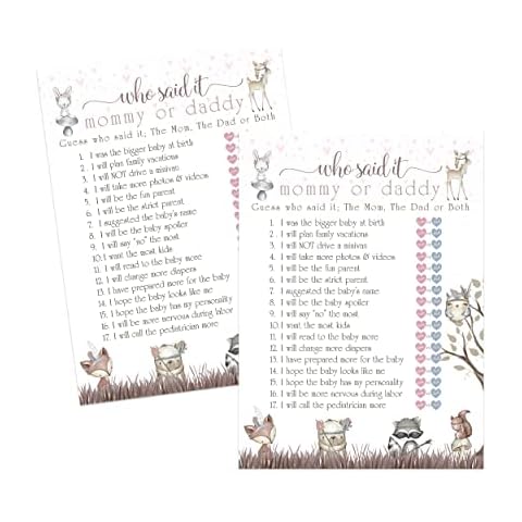Mommy or Daddy Baby Shower Games (Set of 25) Guessing Activity Cards - Cute Woodland Friend Theme Cover