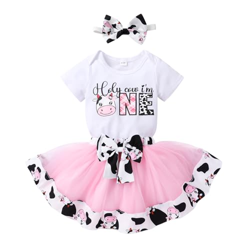 YOUNGER TREE Baby Girls 1st Birthday Outfit Sweet One Romper Donut Candy Bowknot Tutu Skirt Set One Years Old Clothes Birthday Gifts (Holy cow,I'm one, 6-12 months)