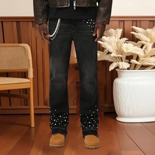 Hulpvktsgiq Men Pearl Jeans Casual High Waist Baggy Straight Leg Denim Pants with Pockets4