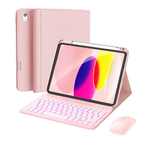 RAYMCRAFT for iPad 11th (A16, 2025) / 10th Generation Case with Keyboard, Mouse and Detachable Wireless Keyboard, 7-Color Backlight, Slim Case with Pencil Holder, Light Pink