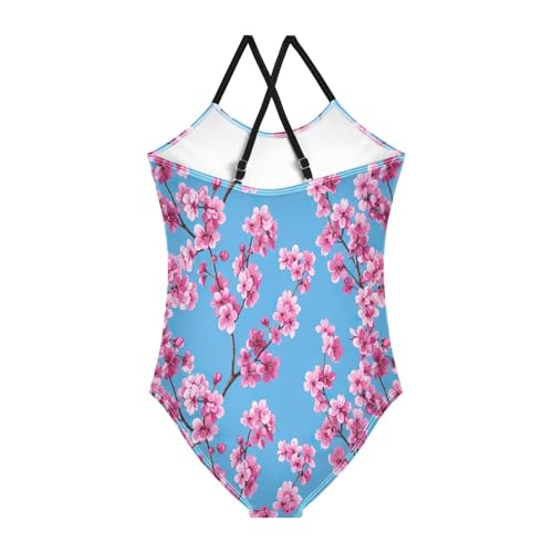Cherry Blossom Branches Flowers Blue Girl Bathing Suit with Adjustable Shoulder Strap, Beach Apparel, 3-102