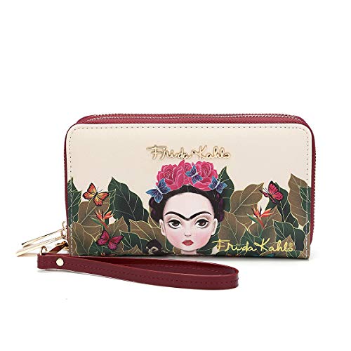 Frida Kahlo Cartoon Around Zip Wallet with Wristlet (Red)