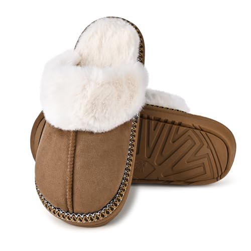 Winter Plush House Slippers for Women, Anti-Skid Cozy Warm with Faux Fur Collar Hard Sole Suede Shoes