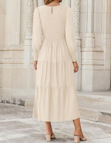 ZESICA Women's Casual Long Sleeve Crew Neck High Waist Smocked Flowy Tiered Midi Dress3