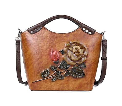 Large Bucket Bag for Women Genuine Leather Retro Rose Embossing Design Purse and Handbag Fashion Satchel Shoulder Bags