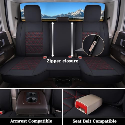 Image of Coverado Seat Covers for Dodge Ram Full Set, Waterproof Truck Car Seat Cover Protectors Custom Fit for 2002-2026 Dodge RAM 1500 2500 3500 with Curved Bench(Red)