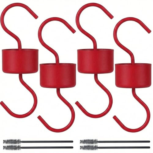 Metal Ant Moat for Hummingbird Feeders (4 Pack) Ant Guard Hook with Leak-Proof Design Includes 4 Cleaning Brushes Weather-Proof Red Metal Hooks for Outdoor Bird Feeding Supplies